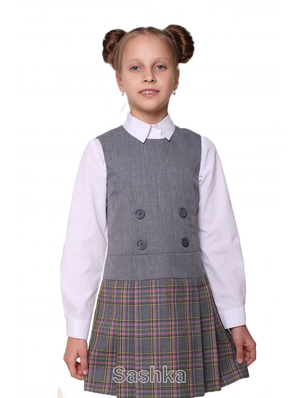 Сарафан для дівчинки Sashka шкільний сірий з клітинкою (напіввовна), розмір 116-146